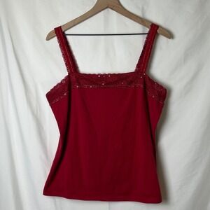 Avenue Women Y2K Beaded Lace Trim Cami Size 14/16 Red Stretch Layers Holiday
